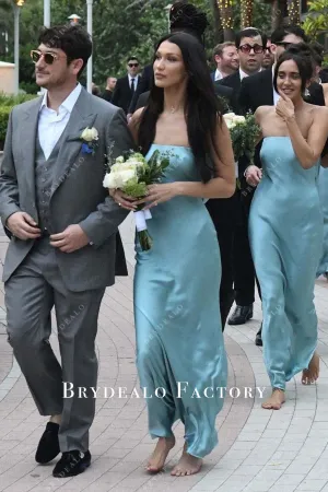 Teal Blue Charmeuse Strapless Cowl Back Bridesmaid Dress