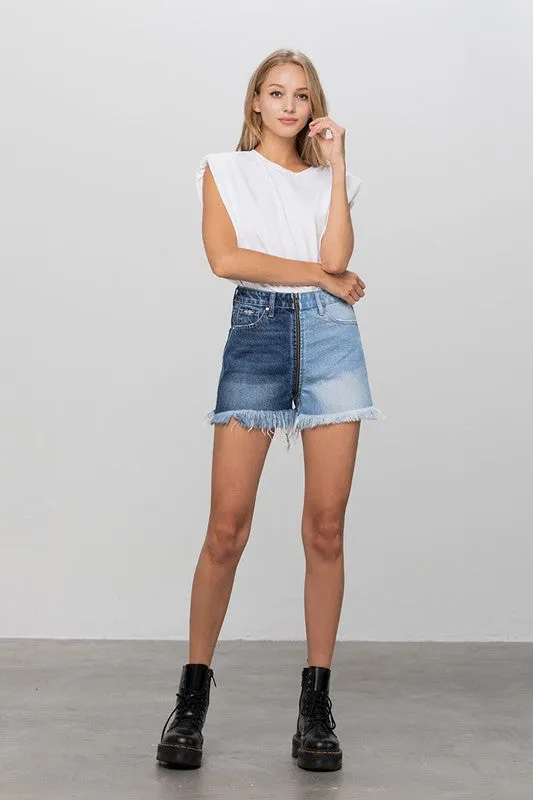 TEEK - BLUE COMBO ZIP CODE TWO TONE PREMIUM DENIM SHORTS