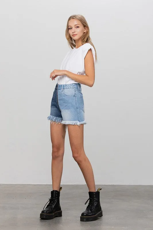 TEEK - BLUE COMBO ZIP CODE TWO TONE PREMIUM DENIM SHORTS