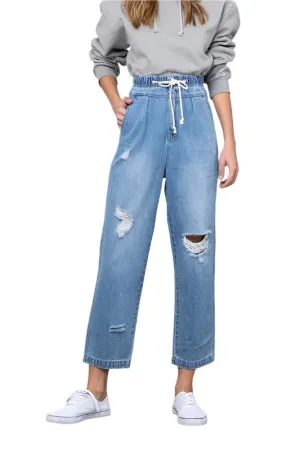 TEEK - Light Wash Super High Waist Drawstring Ripped Slouch Jeans