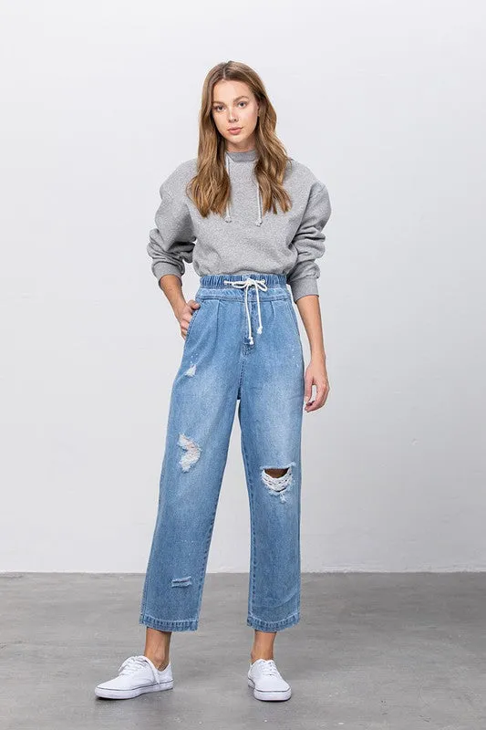 TEEK - Light Wash Super High Waist Drawstring Ripped Slouch Jeans