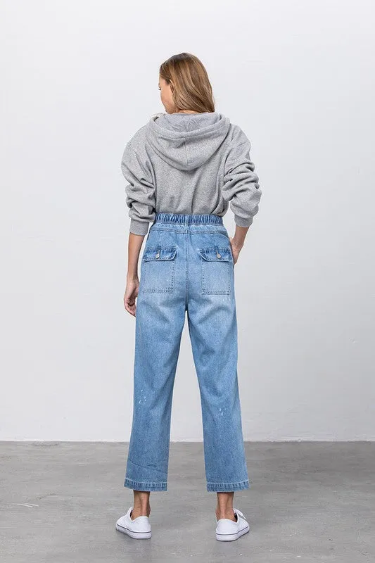 TEEK - Light Wash Super High Waist Drawstring Ripped Slouch Jeans