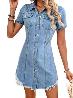 TEEK - Raw Hem Button Up Short Sleeve Light Wash Denim Dress