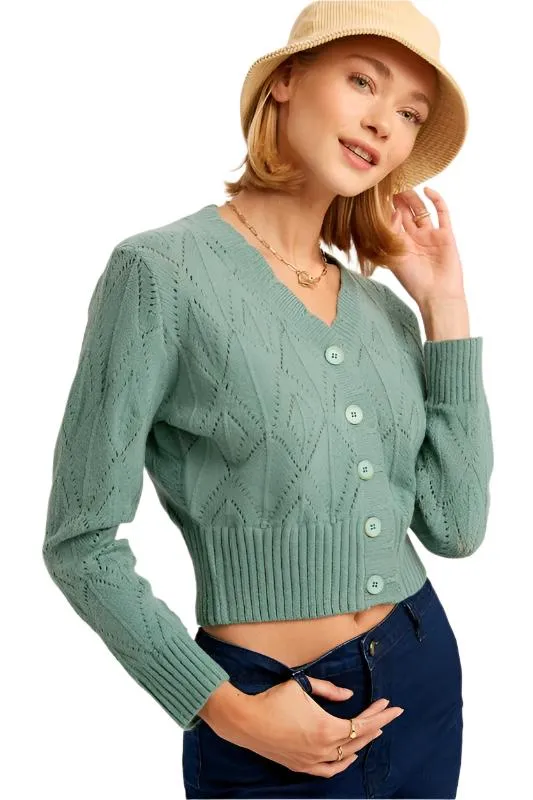 TEEK - V-neck Scallop Edge Jade Crop Knit Cardigan