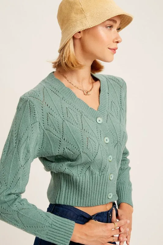 TEEK - V-neck Scallop Edge Jade Crop Knit Cardigan