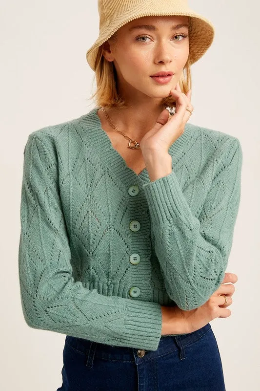 TEEK - V-neck Scallop Edge Jade Crop Knit Cardigan