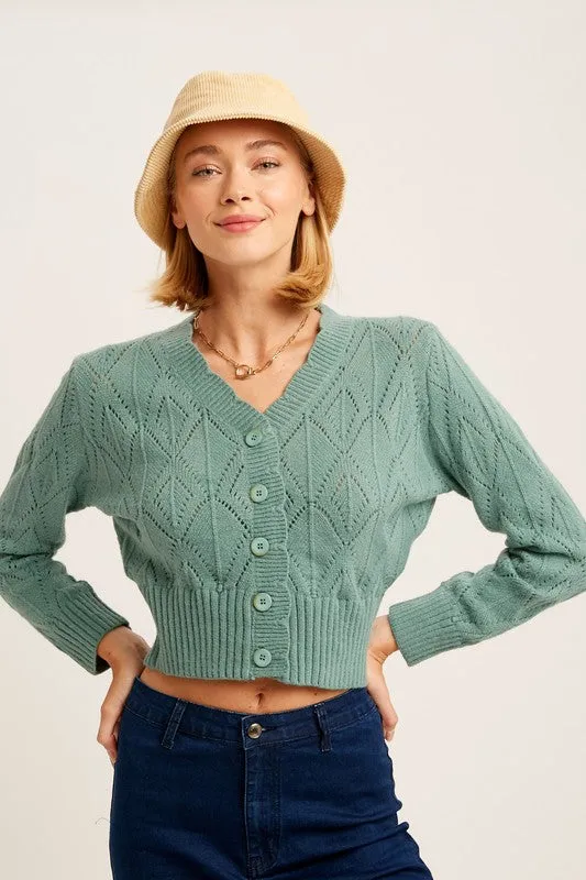 TEEK - V-neck Scallop Edge Jade Crop Knit Cardigan