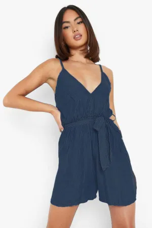 V Neck Denim Romper Tie Up Dress