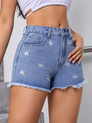 Vibrant Blue Denim Shorts - Delicate Daisy Embroidery, Fashionable Design, Stretchy Elastic Waistband, Raw Hem, Stylish Slash Pocket - Designed for Women, Elegant and Comfortable Fashion Shorts