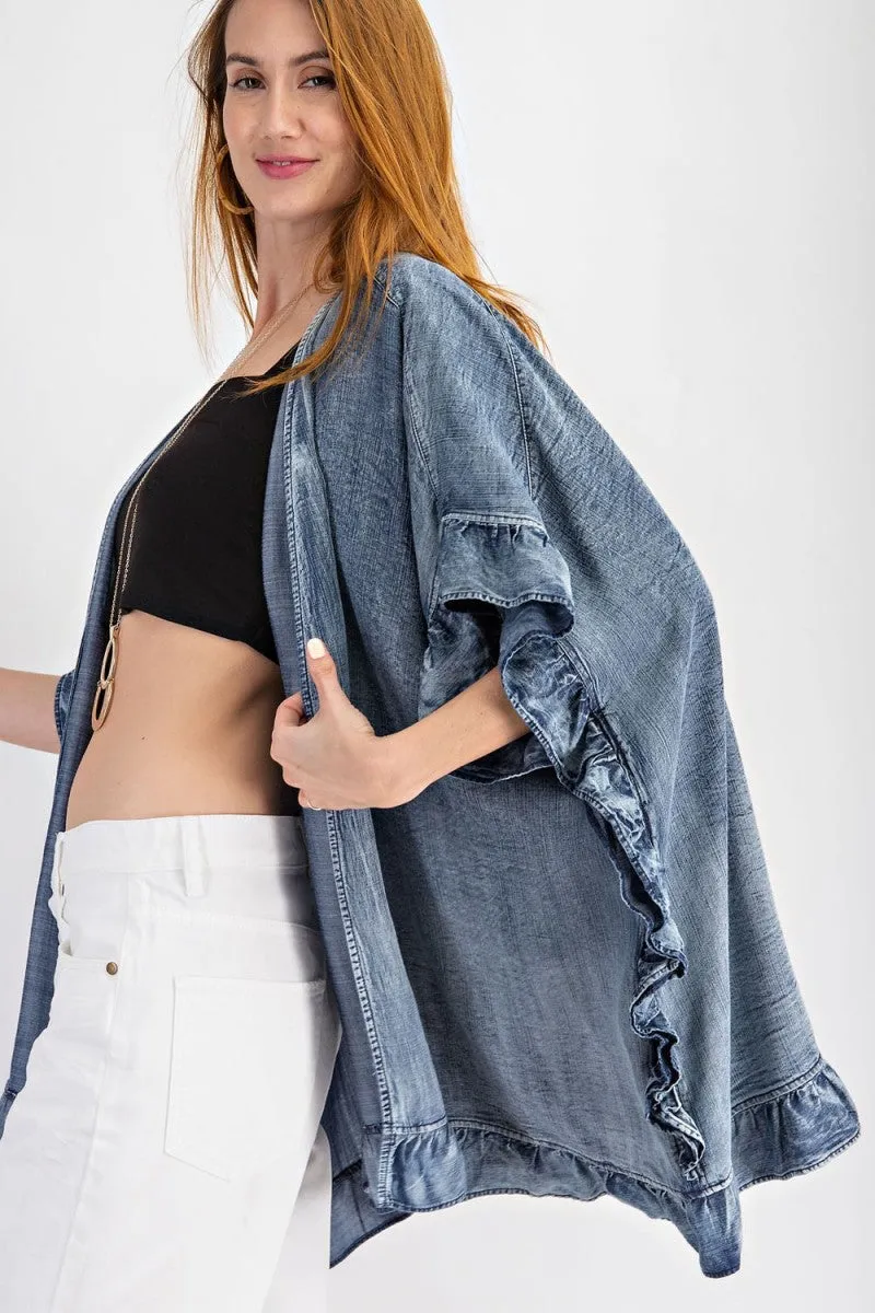 Washed denim open cardigan with ruffle detailing - RESTOCKED