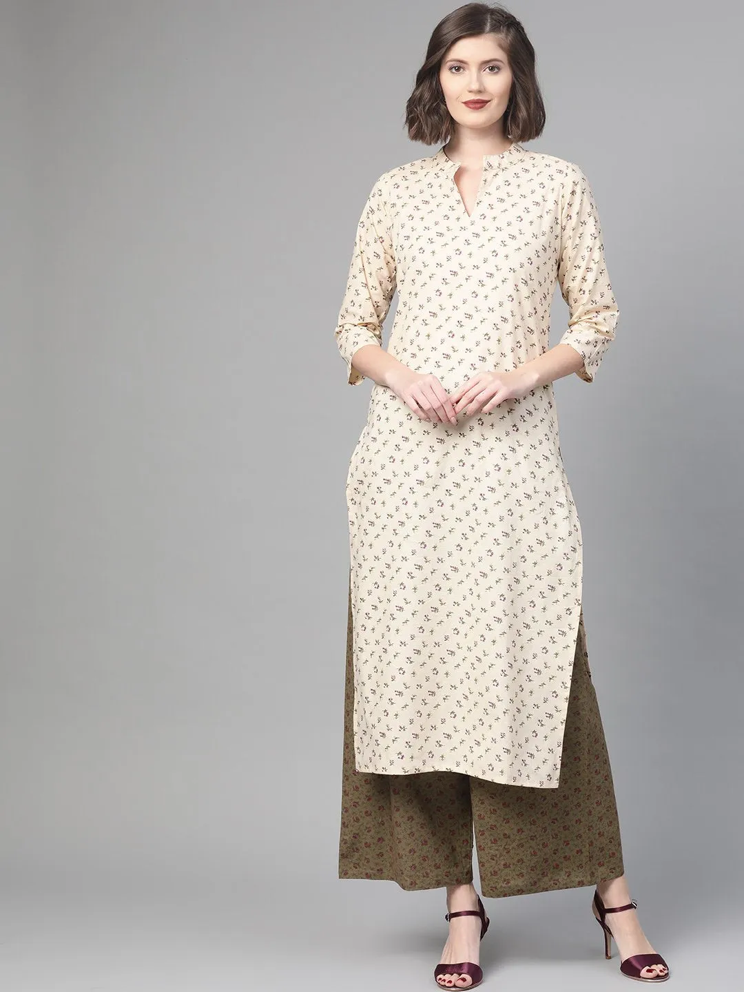 Women Cream & Olive Straight Floral Printed Kurta And Palazzos Set