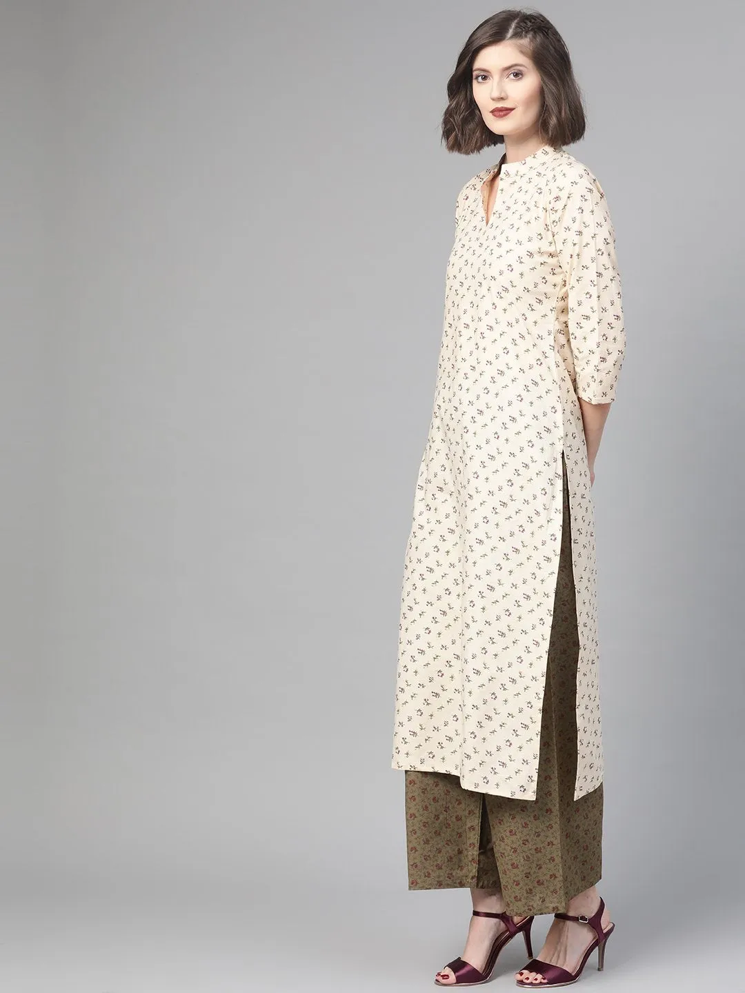 Women Cream & Olive Straight Floral Printed Kurta And Palazzos Set