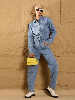 Women Ice Blue Denim Full Sleeve Jumpsuit