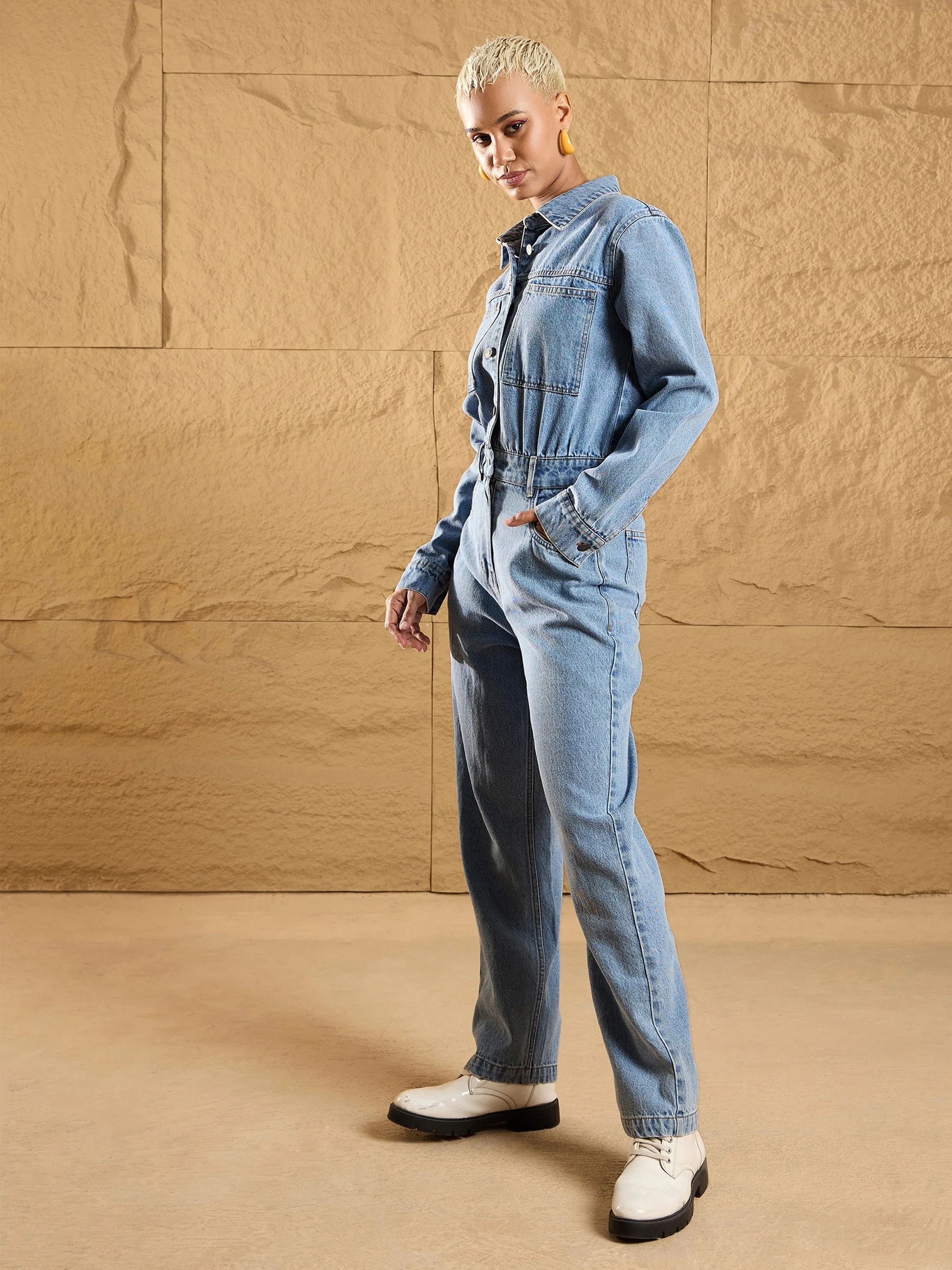 Women Ice Blue Denim Full Sleeve Jumpsuit