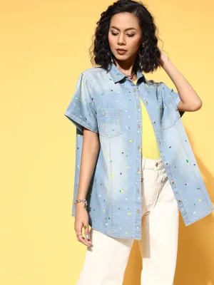 Women Ice-Blue Denim Multicolour Paint Boxy Shirt